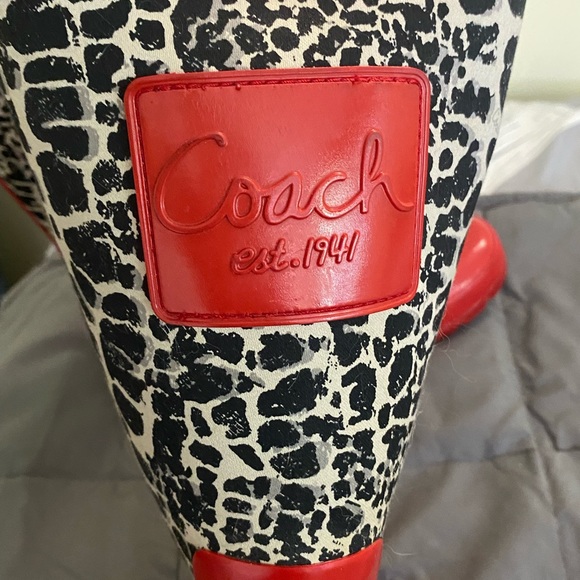 Coach rain boots, size 7R, red and animal print. - Picture 3 of 5